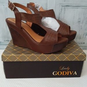 Lady Godiva Sketch Brown Wedge Platform Heels